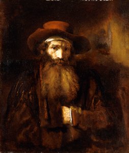 Un vieil homme barbu, portant un manteau brun et un chapeau roux, 1651