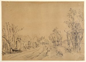Une route principale menant à une maison à travers les arbres (deux ponts et accès à la digue) - Rembrandt Harmensz. van Rijn