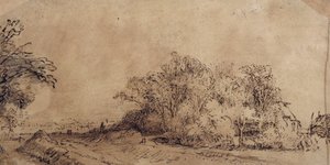 Une route accidentée le long de la digue avec des arbres cachant une ferme - Rembrandt Harmensz. van Rijn