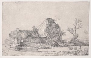 Cottage et bâtiments de ferme avec un homme dessinant