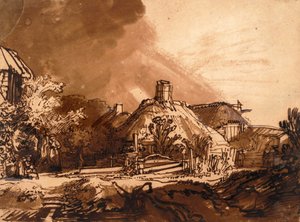 Cottages avant un ciel orageux