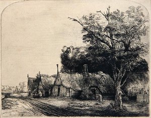 Paysage avec trois huttes