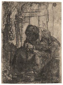 Vieille femme assise dans une chaumière avec une ficelle d