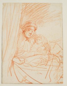 Saskia assise dans son lit, tenant un enfant