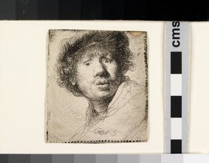 Autoportrait avec un bonnet, bouche ouverte - Rembrandt van Rijn