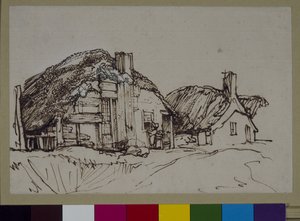Deux cottages au toit de chaume avec des personnages à la fenêtre, vers 1640 (encre et plume sur papier) - Rembrandt Harmensz. van Rijn