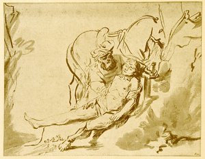 Le Bon Samaritain examinant le blessé - Rembrandt van Rijn