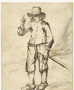 Garçon debout tenant un fouet et levant la main droite - Rembrandt van Rijn (school of)