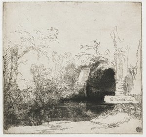 Un ruisseau avec une grotte et un bateau (détail)