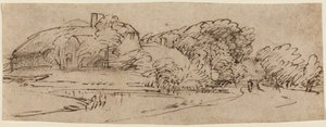 Un paysage avec des bâtiments agricoles au milieu des arbres - Rembrandt van Rijn