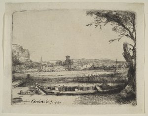 Canal avec un grand bateau et un pont, 1650