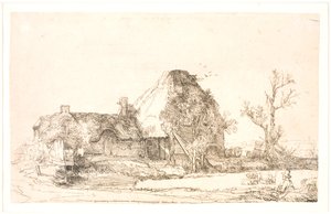 Cottage et bâtiments de ferme avec un homme dessinant
