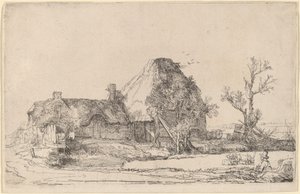 Cottages et Bâtiments de Ferme avec un Homme Dessinant