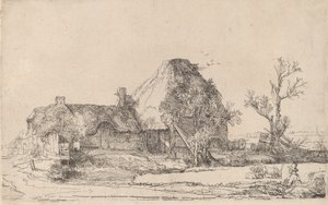 Cottages et bâtiments de ferme avec un homme dessinant, vers 1645