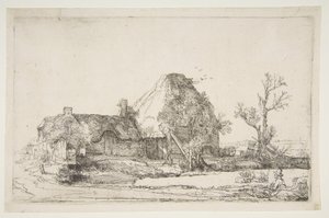 Cottages et bâtiments de ferme avec un homme dessinant, vers 1645
