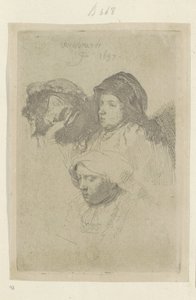 Trois têtes de femmes, une dormant - Rembrandt van Rijn