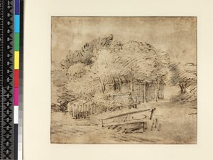 Ferme sous les arbres, avec une passerelle, c.1650 - Rembrandt van Rijn