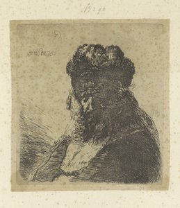 Vieil homme barbu avec un bonnet en fourrure et les yeux fermés - Rembrandt van Rijn