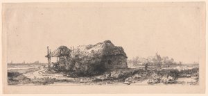 Paysage avec cottages et une grange à foin : Oblong - Rembrandt van Rijn