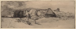 Paysage avec des arbres, des bâtiments agricoles et une tour - Rembrandt van Rijn