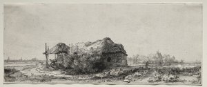 Paysage avec une chaumière et une grange à foin : oblong