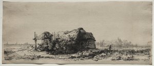 Paysage avec un cottage et une grange à foin : Oblong - Rembrandt van Rijn