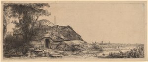 Paysage avec une chaumière et un grand arbre