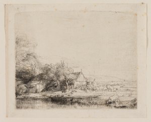 Paysage avec une vache buvant