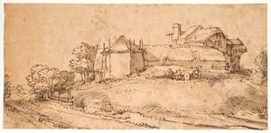 Paysage avec une ferme et une grange à foin