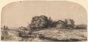 Paysage avec une grange à foin et un troupeau de moutons