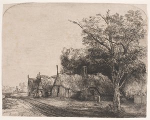 Paysage avec trois cottages à pignon le long d