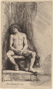 Homme nu assis devant un rideau - Rembrandt van Rijn