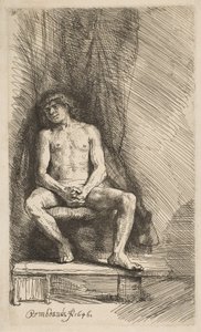Homme nu assis devant un rideau - Rembrandt van Rijn