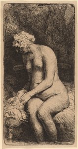 Nue Assise sur un Banc avec un Oreiller (Femme se Baignant les Pieds à un Ruisseau)
