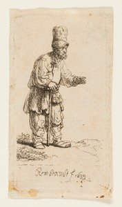 Paysanne avec un bonnet haut, debout appuyée sur un bâton - Rembrandt van Rijn