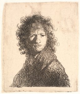 Rembrandt, tête nue, en lumière vive de droite : regardant par-dessus son épaule : buste