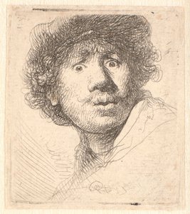 Rembrandt avec un bonnet, bouche ouverte et regard fixe : buste en contour