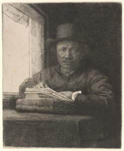 Autoportrait dessinant à une fenêtre - Rembrandt van Rijn