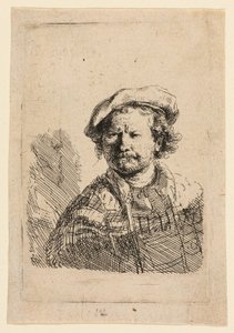 Autoportrait avec une casquette plate et une robe brodée - Rembrandt van Rijn