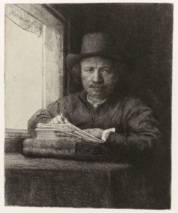 Autoportrait, gravure à une fenêtre - Rembrandt van Rijn