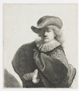 Autoportrait avec un chapeau mou et une cape à motifs - Rembrandt van Rijn