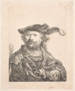 Autoportrait en bonnet de velours et plume, avec une robe brodée : buste