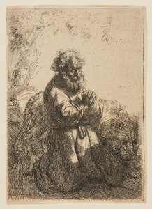 Saint Jérôme à genoux en prière, regardant vers le bas - Rembrandt van Rijn