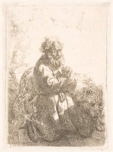 Saint Jérôme à genoux en prière, regardant vers le bas - Rembrandt van Rijn