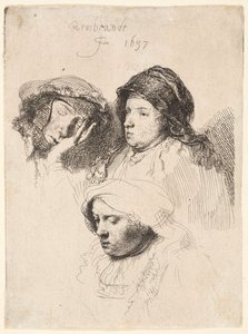 Trois têtes de femmes, une endormie - Rembrandt van Rijn
