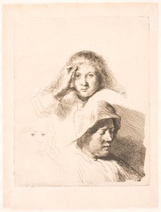 Trois têtes de femmes, une légèrement gravée - Rembrandt van Rijn