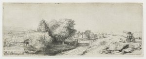 Vue sur le Diemerdijk avec un laitier et des chaumières - Rembrandt van Rijn