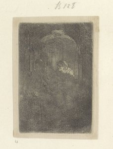 Femme dans une porte, parlant avec un homme avec des enfants (série: Recueil de quatre-vingt-cinq estampes originales)