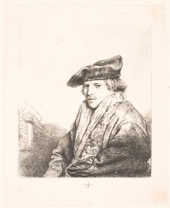 Jeune homme avec un bonnet de velours et des livres à côté de lui
