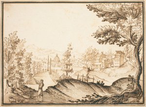 Paysage avec un bâtiment à dôme